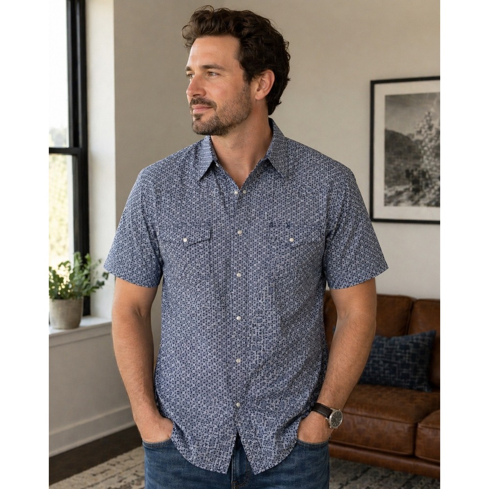 Wrangler Mens XL Rancher Shirt Blue Geometric Western Pearl Snap Button Casual